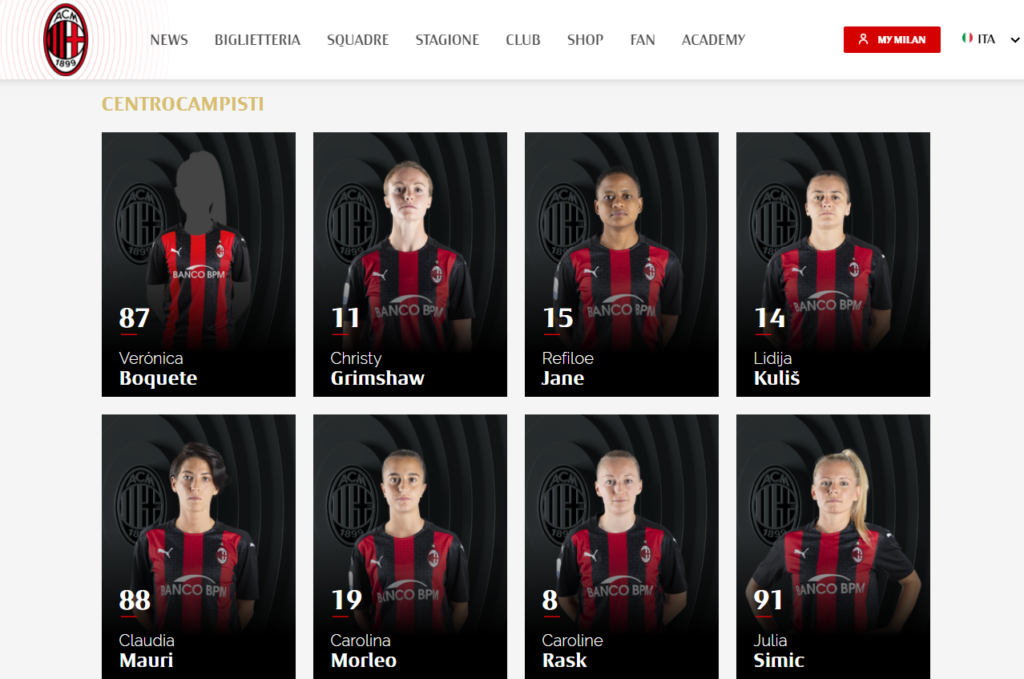 Vero Boquete xa figura na web do AC Milan como centrocampista / AC MILAN